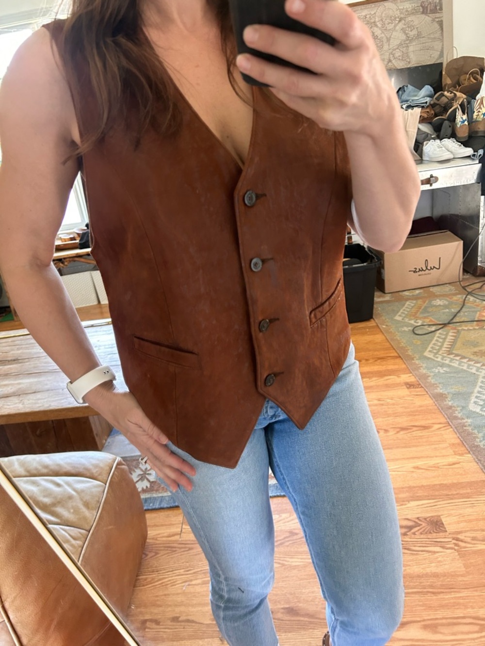 Incredible western style Brown 100% real Leather Button-Front Vest - Picture 4 of 12